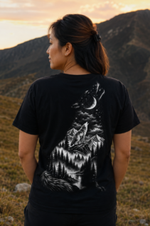 Schwarzes Wolf T-Shirt an einer Frau mit Rückenansicht vor Berglandschaft im Abendlicht, mit weißem Mond motiv und Wald motiv Druck.