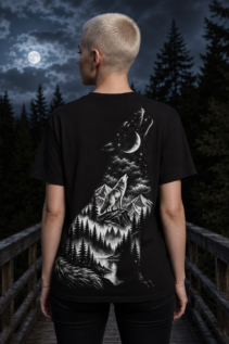 Schwarzes Wolf T-Shirt an einer Person mit heller Kurzhaarfrisur, Rückenansicht auf einer Holzbrücke im nächtlichen Wald unter dem Mond.