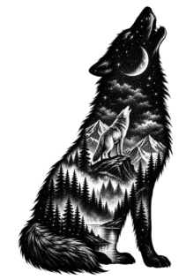 Freigestelltes schwarz-weißes Wolf-Motiv mit heulendem Wolf, Mond, Bergen, Nadelwald und Fluss auf schwarzem Hintergrund.