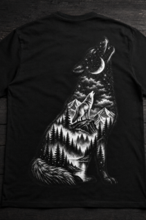 Schwarzes Wolf T-Shirt liegend auf dunklen Holzbrettern, das große schwarz-weiße Motiv mit Mond, Bergen und Wald ist vollständig sichtbar.