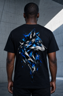 Mann von hinten trägt ein schwarzes T-Shirt mit leuchtend blauem geometrischen Wolfsmotiv, aufgenommen vor grauer Betonarchitektur.