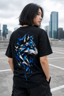 Frau von hinten trägt ein schwarzes T-Shirt mit blau-weißem Wolfskopf Design, auf einem Dach mit Skyline im Hintergrund.