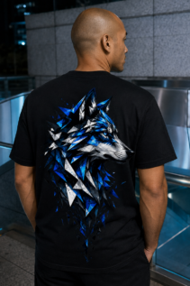 Mann von hinten trägt ein schwarzes T-Shirt mit abstraktem Wolfskopf in Blau, Weiß und Schwarz, in einer nächtlichen Stadtumgebung.