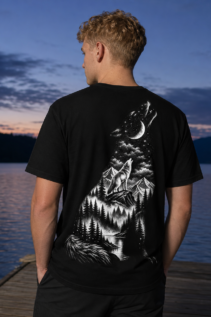 Schwarzes Wolf T-Shirt an einem Mann mit Rückenansicht auf einem Steg am See, mit blauem Himmel und Bergsilhouette im Hintergrund.