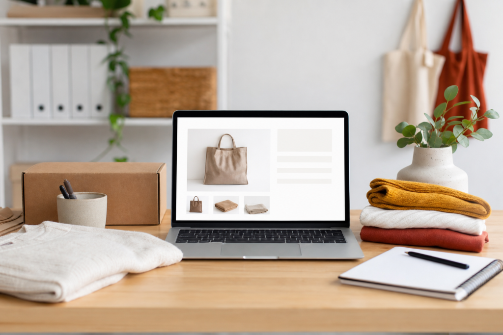 Laptop mit neutral dargestellter WooCommerce-Produktseite an einem professionellen Arbeitsplatz
