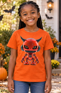 Kind in orangefarbenem T-Shirt mit rotem Teufel-Roboter-Motiv steht vor einer Haustür mit Halloween-Dekoration im Freien.