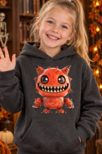 Blondes Kind trägt ein dunkelgraues Monster T-Shirt mit orange-rotem Monster-Motiv, lächelt und winkt in einer herbstlich-halloween dekorierten Szene.