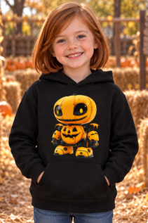 Kind mit schwarzem Hoodie und Jack O Lantern Roboter-Motiv auf herbstlichem Halloween-Feld, lächelnd frontal stehend