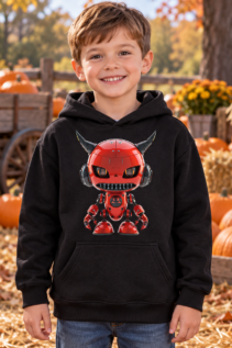 Junge trägt einen schwarzen Hoodie mit rotem Teufel-Roboter-Druck und lächelt in einer herbstlichen Kürbisdekoration, Halloween-Atmosphäre.