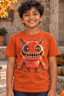 Lachender Junge trägt ein orangefarbenes Monster Shirt mit großem orange-rotem Monster-Gesicht, aufgenommen vor einer herbstlichen Haustür mit Kürbissen.