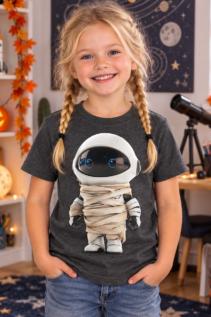 Mädchen in dunkelgrauem T-Shirt mit Mumien-Astronaut-Motiv in einem Halloween-Kinderzimmer, Blick von vorn, farblich passend zu Halloween-Deko.