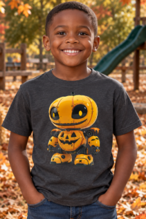 Lächelnder Junge in dunkelgrauem T-Shirt mit gelbem Kürbis-Roboter, draußen zwischen Herbstdeko und Kürbissen