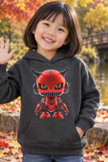 Kleines Kind in dunkelgrauem Hoodie winkt draußen im Herbst, auf der Brust das rote Teufel-Roboter-Motiv, natürliche Lifestyle-Aufnahme.
