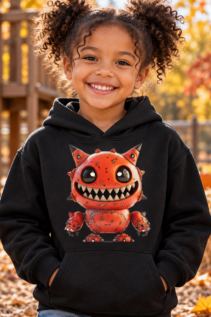 Grinsendes Kind trägt ein schwarzes Monster-Kinder-Hoodie mit orange-rotem Monster-Motiv im herbstlichen Außenbereich mit Kürbissen und Spielplatz im Hintergrund.