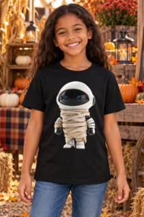 Mädchen trägt ein schwarzes Kinder-T-Shirt mit Mumie-Astronaut-Print vor herbstlicher Halloween-Deko auf einem Kürbisfeld.