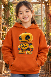 Mädchen mit orangefarbenem Hoodie und Jack-o-Lantern-Roboter auf der Brust, vor dekoriertem Halloween-Garten