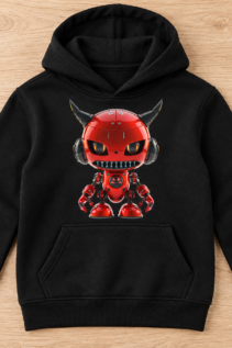 Schwarzer Hoodie flach auf Holzuntergrund mit großem roten Teufel-Roboter-Motiv auf der Brust, Vorderansicht.