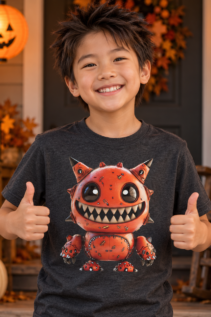 Junge im dunkelgrauen Monster T-Shirt mit orange-rotem Monster-Gesicht hält beide Daumen hoch, im Hintergrund hängen Halloween-Laternen und Herbstdeko.