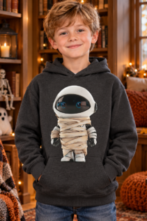 Junge in dunkelgrauem Hoodie mit Mumien-Astronaut-Design in gemütlicher Halloween-Szene mit leuchtender Deko und Kürbissen.