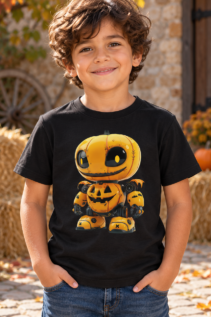 Junge mit schwarzem Kinder T-Shirt und großem Halloween-Kürbisroboter, lächelnd vor Kürbissen und Heuballen
