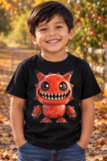 Lächelnder Junge trägt ein schwarzes Monster Shirt mit orange-rotem Monster-Motiv in einer herbstlichen Allee mit Kürbissen und Laub.