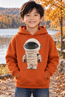 Junge trägt einen orangefarbenen Hoodie mit Mumien-Astronaut-Print am Seeufer im Herbst, mit buntem Laub im Hintergrund.