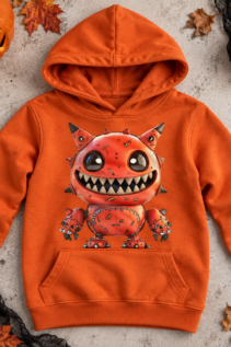 Orangefarbenes Kinder-Hoodie mit großem orange-rotem Monster-Motiv liegt flach zwischen Kürbissen, Blättern und Halloween-Deko.