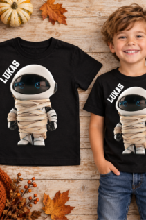 Personalisierte schwarze Kinder-Shirts mit dem Namen Lukas und Mumien-Astronaut-Motiv, gezeigt als Produktansicht und an einem Jungen.