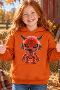 Kind in orangem Hoodie hält beide Daumen hoch, vorne das rote Teufel-Roboter-Motiv; herbstliche Szene im Halloween-Stil draußen.