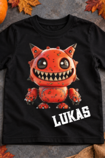 Schwarzes T-Shirt mit orange-rotem Monster-Gesicht und dem Namen LUKAS liegt flach auf herbstlichem Hintergrund mit Kürbissen und Spinnendeko.
