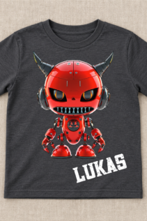Dunkelgraues T-Shirt mit rotem Teufel-Roboter-Motiv und dem Namen „LUKAS“ auf hellem Stoffhintergrund, als gerades Produktfoto.