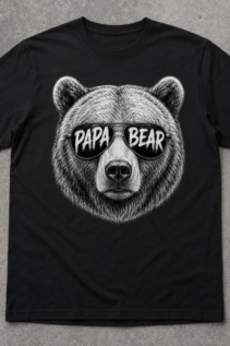 Schwarzes Papa Bear T-Shirt flach ausgelegt auf grauem Untergrund, mit Bärengesicht, Sonnenbrille und Schriftzug als Statement Shirt