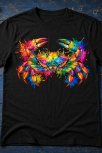 Schwarzes T-Shirt mit großem buntem Krebs-Print, flach auf maritimem Untergrund mit Muscheln arrangiert.