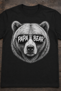 Schwarzes Papa Bear T-Shirt flach auf rustikalem Holzhintergrund mit Kiefernzapfen, zentriertes Bärenmotiv als Geschenk für Papa