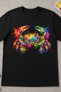 Schwarzes T-Shirt mit Regenbogen-Krebs-Motiv, flach ausgelegt neben Pinseln und Farben für einen kreativen Look.