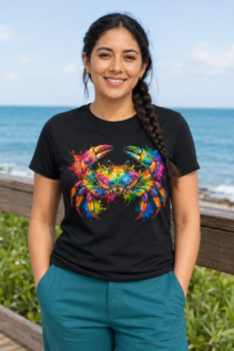 Frau trägt ein schwarzes T-Shirt mit buntem Krebs-Motiv am Strand vor dem Meer, lässig und sommerlich.