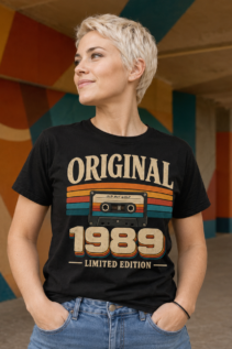 Person mit kurzem blondem Haar trägt ein schwarzes Vintage T-Shirt mit 1989 Shirt Motiv und Kassetten Design, stehend vor einer bunten Wand.