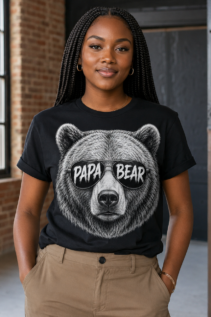 Frau trägt schwarzes Papa Bear T-Shirt in einem hellen Industrie-Interieur, das große Bärenmotiv ist frontal sichtbar