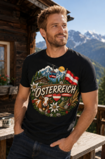 Mann trägt ein schwarzes Österreich T-Shirt mit farbigem Alpen-Motiv, vor Berghütte und Bergkulisse im Freien.