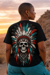 Schwarzes T-Shirt mit großem Indianer Totenkopf-Motiv auf dem Rücken, getragen von einer Frau in der Wüste bei Sonnenuntergang.
