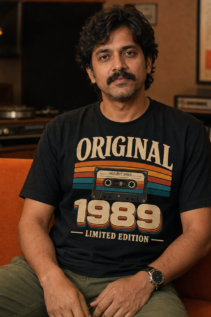 Mann sitzt auf einem orangefarbenen Sessel und trägt ein schwarzes Old But Gold T-Shirt mit 1989 Kassettendesign.