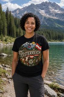 Frau trägt ein schwarzes Alpenmotiv-Shirt mit Österreich-Design am Seeufer vor Bergen und Nadelwald.