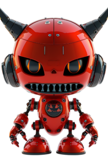 Freigestelltes rotes Teufel-Roboter-Motiv mit Hörnern, Kopfhörern und dunklem Halloween-Look auf schwarzem Hintergrund, passend für ein T-Shirt-Design.