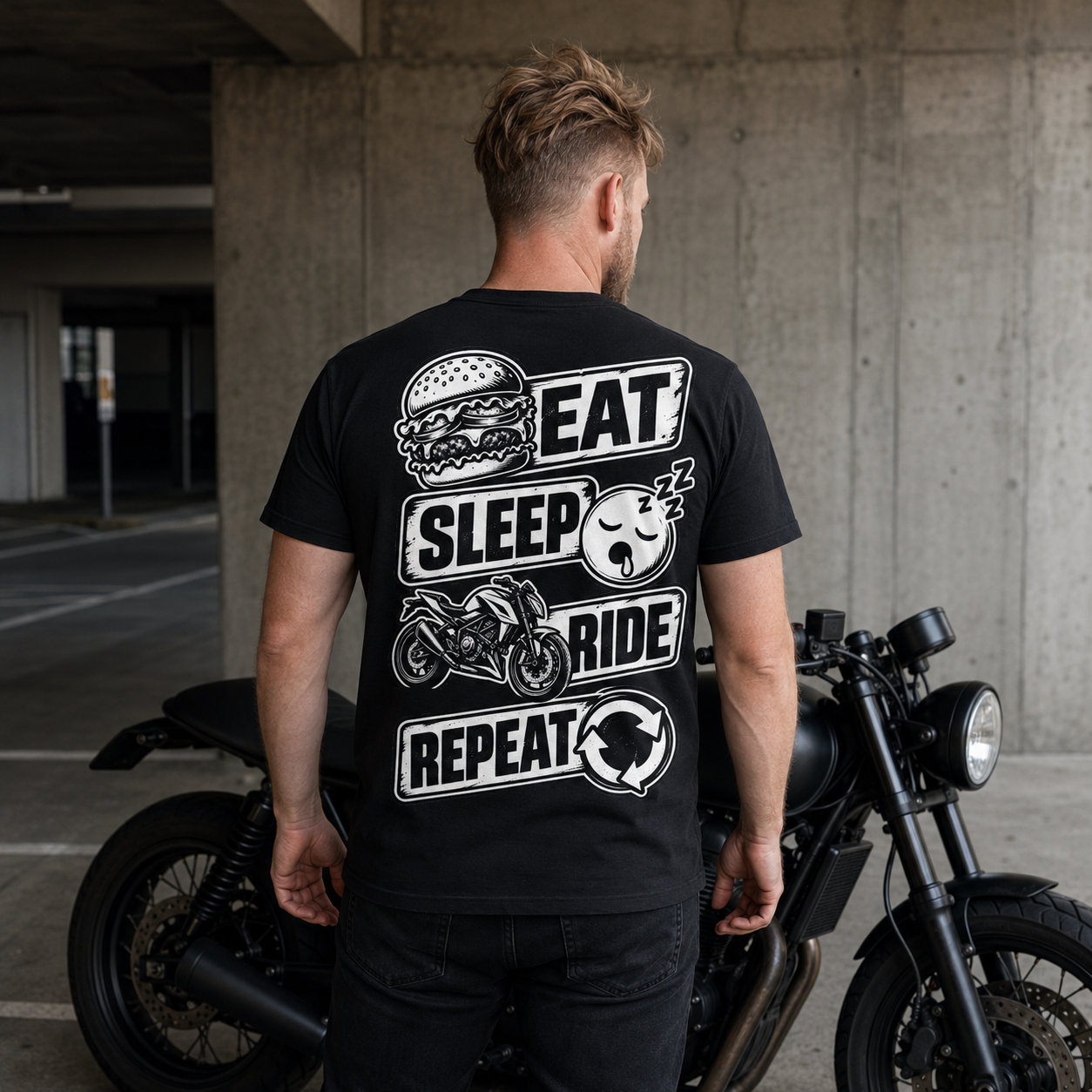 Mann von hinten trägt ein schwarzes T-Shirt mit Eat Sleep Ride-Motiv neben einem schwarzen Motorrad in einer Betongarage, lässiger Biker-Lifestyle