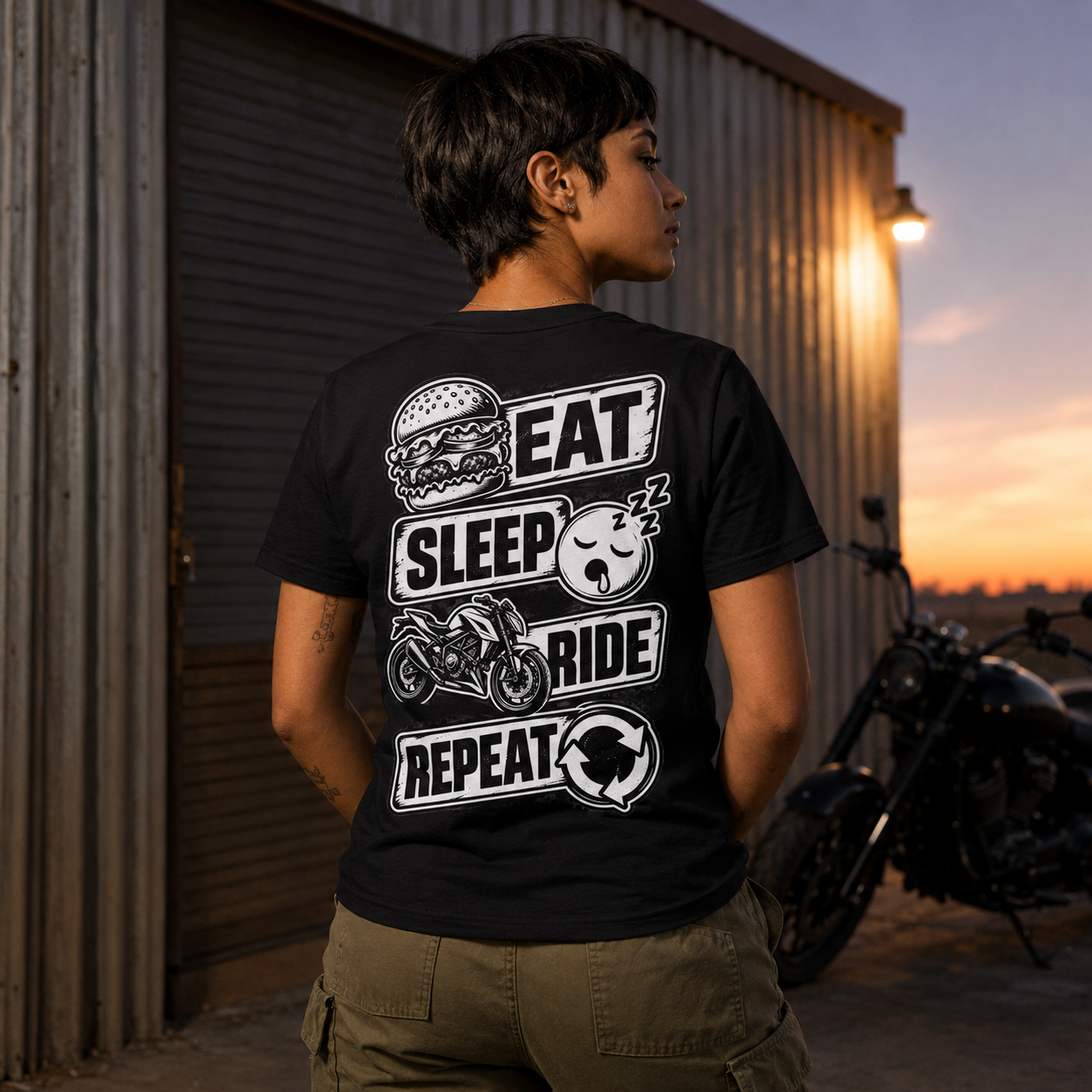 Frau von hinten trägt ein schwarzes Eat Sleep Ride T-Shirt vor einer Garage bei Sonnenuntergang, daneben steht ein Motorrad, motivischer Statement-Shirt-Look