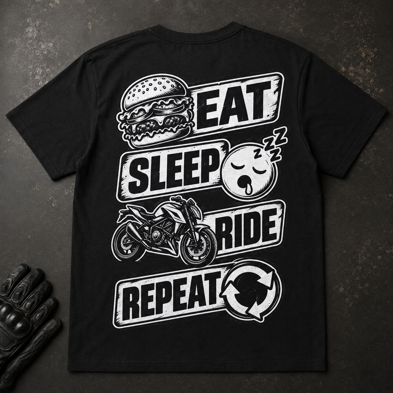 Freigestelltes schwarzes T-Shirt flach von oben mit weißem Eat Sleep Ride Druck, Burger, schlafender Kopf und Motorrad auf dunklem Untergrund