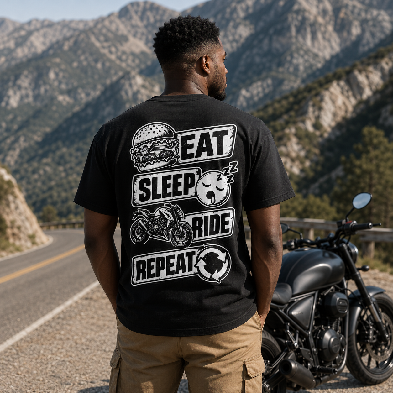 Mann von hinten trägt ein schwarzes Eat Sleep Ride T-Shirt an einer Bergstraße neben einem Motorrad, sportlicher Motortad-Fan-Look