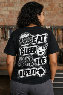 Person von hinten trägt ein schwarzes Eat Sleep Ride T-Shirt in einer Werkstatt mit Werkzeugwand und Motorrad im Hintergrund, Biker shirt