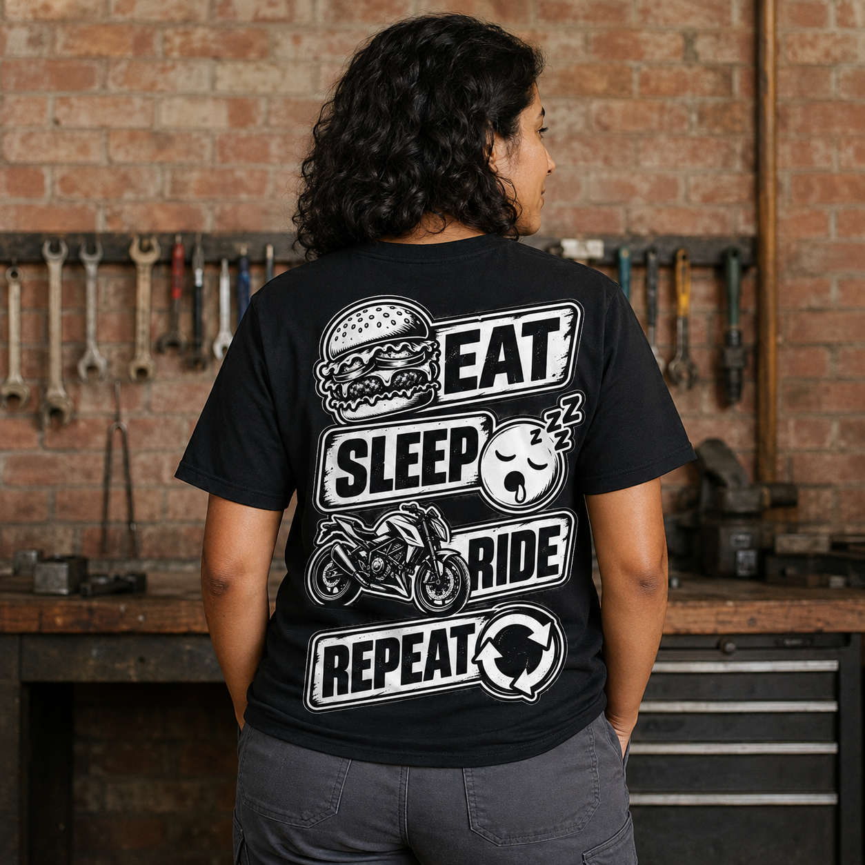 Person von hinten trägt ein schwarzes Eat Sleep Ride T-Shirt in einer Werkstatt mit Werkzeugwand und Motorrad im Hintergrund, Biker shirt