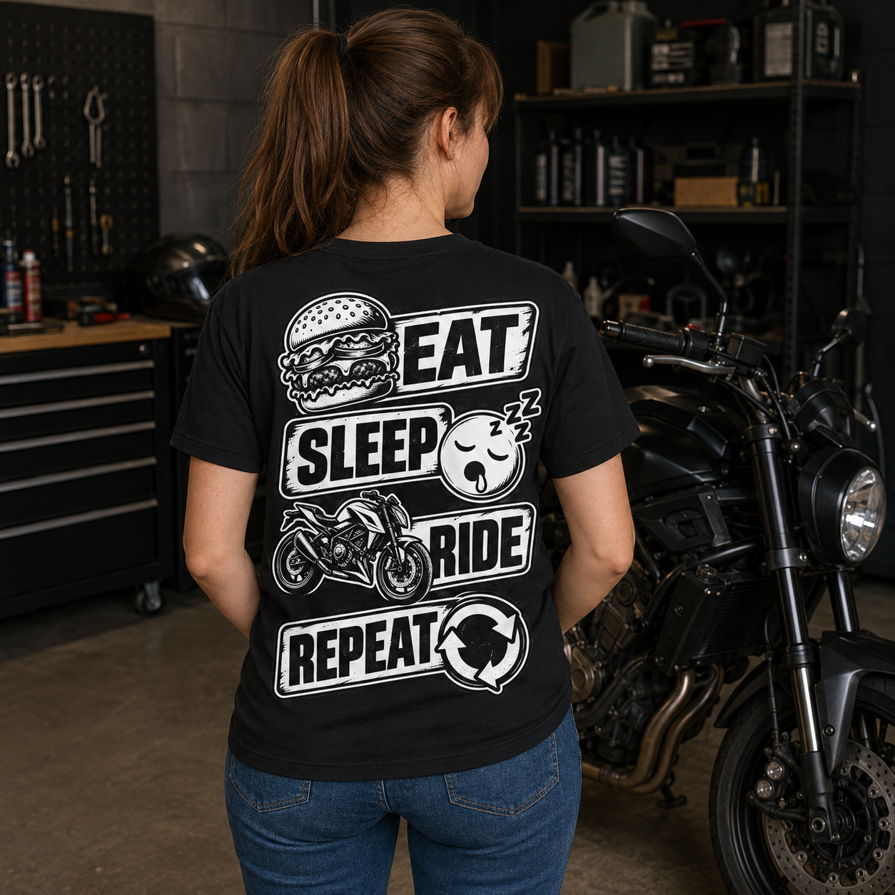 Frau von hinten trägt ein schwarzes Eat Sleep Ride T-Shirt in einer Motorradgarage neben einem großen Bike, lässiger geschenk biker Stil